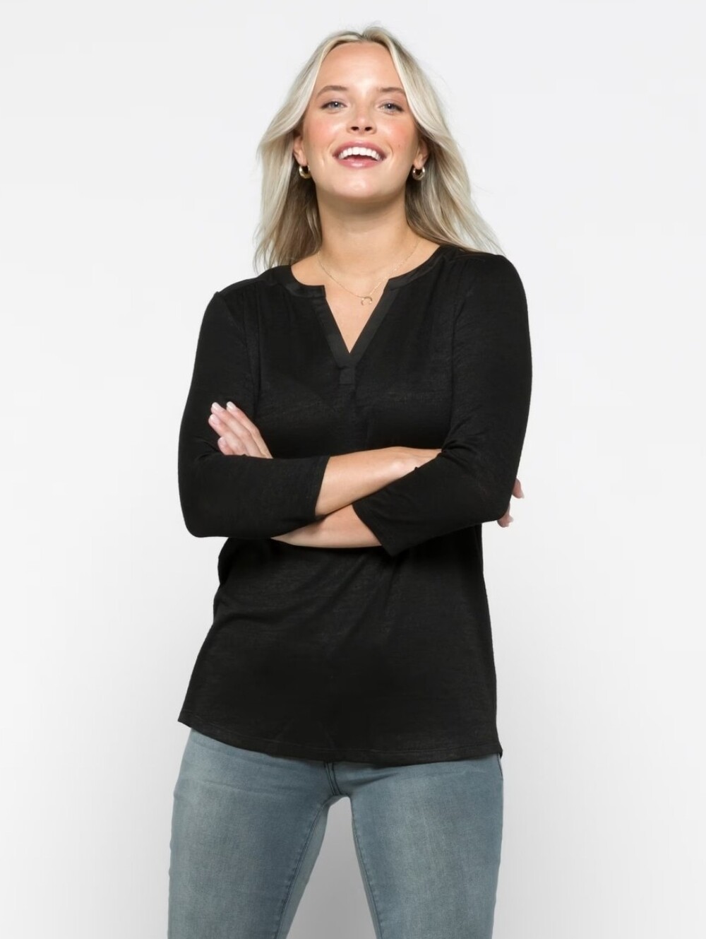 Women's Black V-Neck Mixed Material 3/4 Sleeve Top